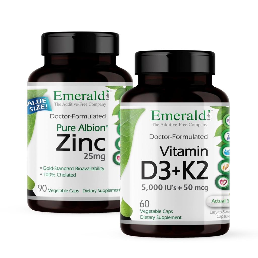 EMERALD LABS 비타민 D3+K2 (60의 모자) & 아연 25mg (90의 모자) - 뼈 건강, 심장 지원, 면역력, 산화 스트레스 지원 - 글루텐 자유로운