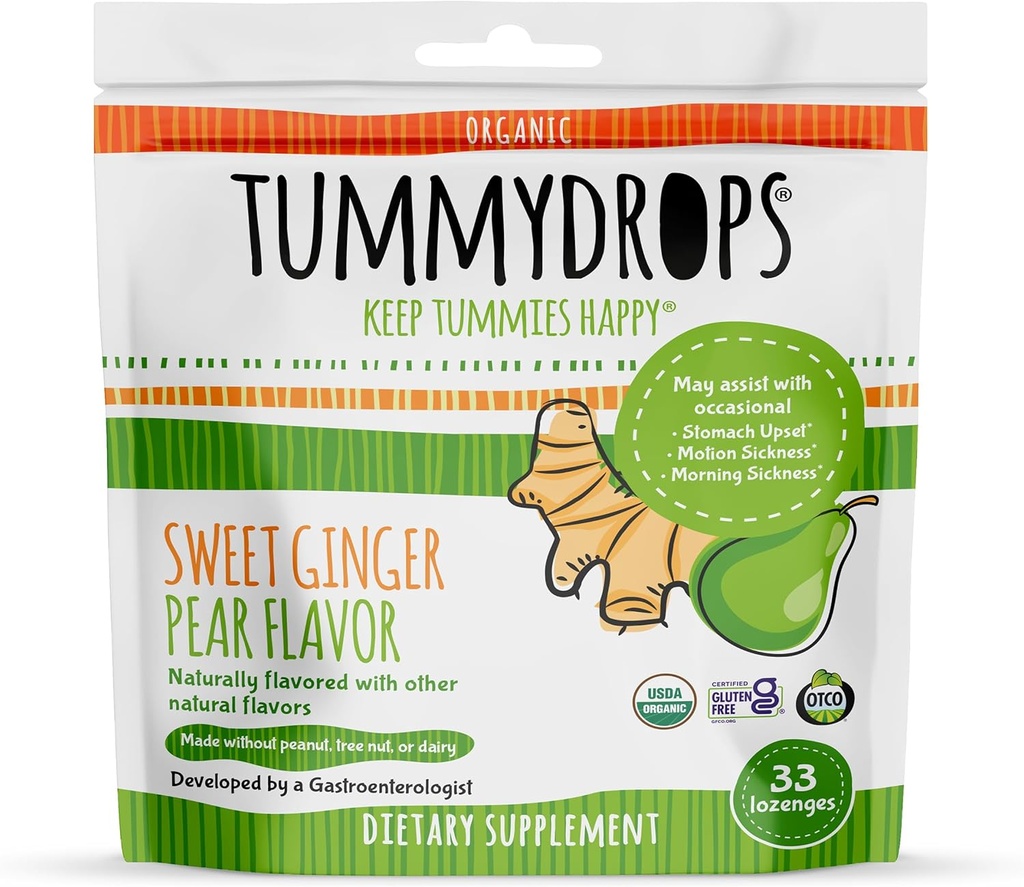 USDA 유기 달콤한 생강 Pear Tummydrops, 글루텐 무료 & Vegan. 33 개별적으로 Resealable 가방에 유기 생강 Lozenges 포장.