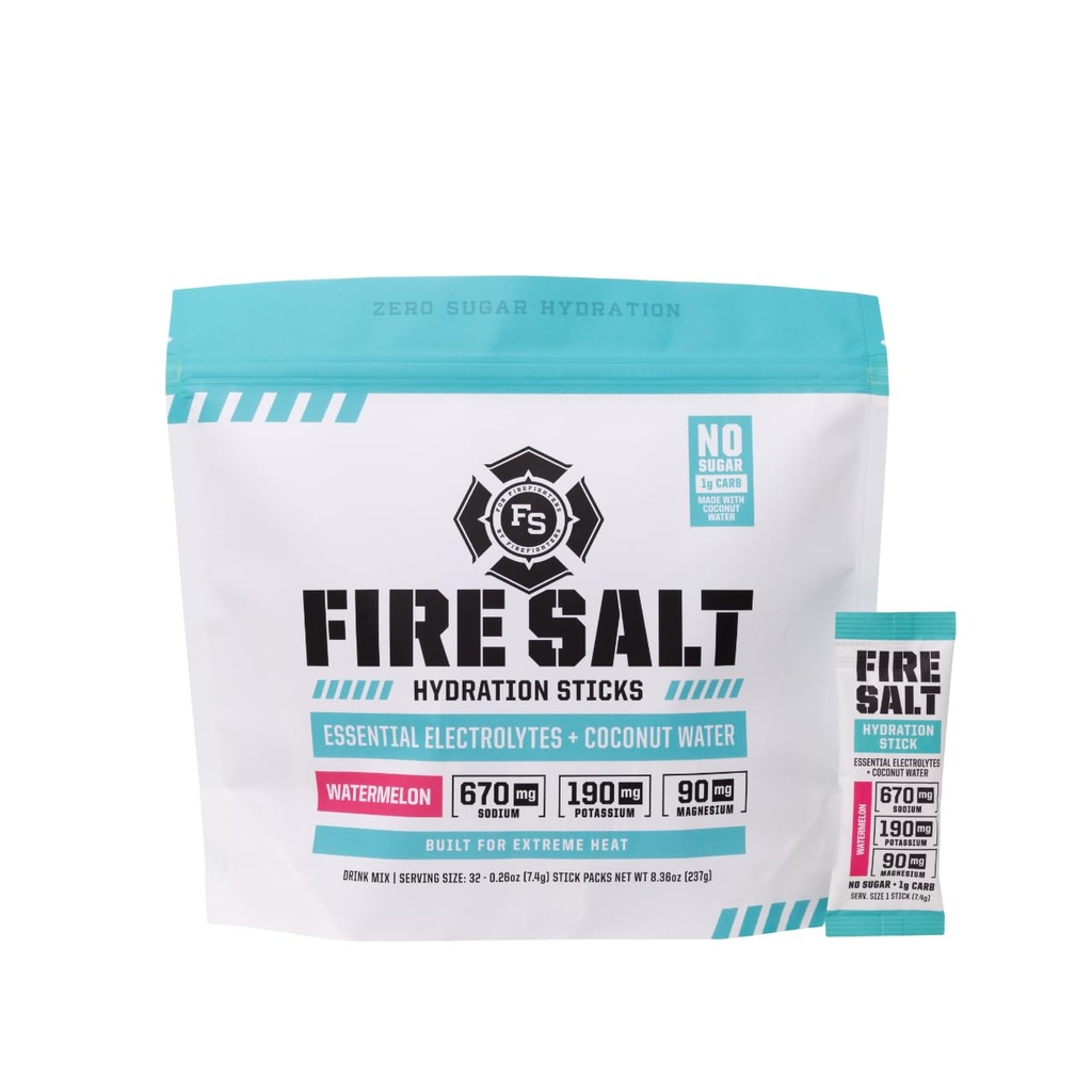 Fire Science Fire Salt Hydration Sticks, Electrolytes & Coconut Water, 마그네슘, 칼륨 및 나트륨, Zero Sugar, Single Serve On The Go Packs, Watermelon 풍미, 32 카운트와 함께 하이드로션 음료 혼합
