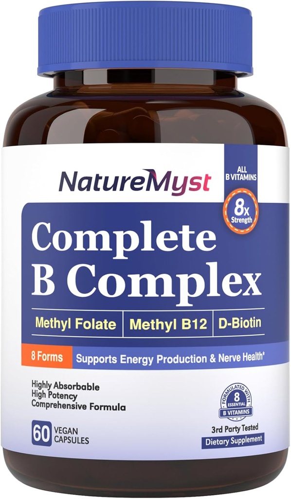 완전한 B Complex, 모든 8 B 비타민, 메틸 B12, 메틸 Folate, Biotin, P-5-P, 높게 흡수성, 에너지 생산, 60 Vegan 모자