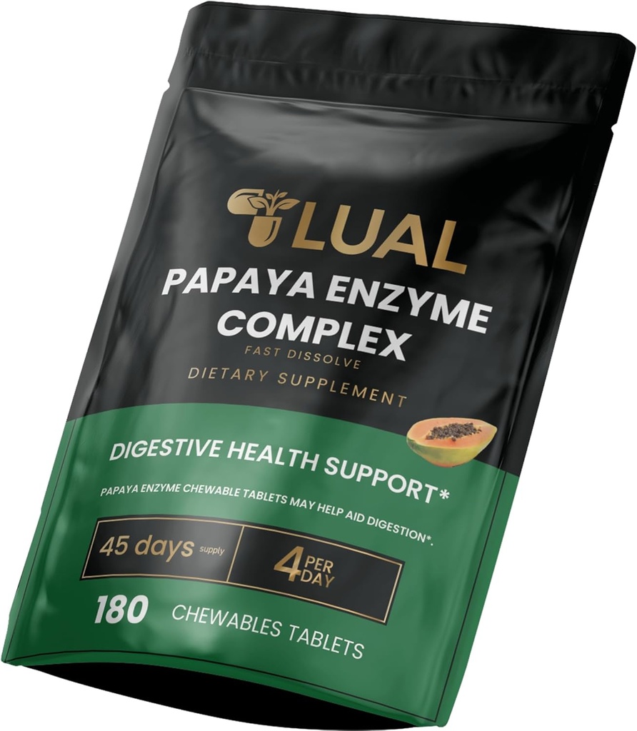 LUAL Papaya Enzyme Complex – Papain, Bromelain & Digestive Enzymes와 Chewable Tablets – 소화 및 영양 흡수 지원 – 천연 파파야 맛 – 180 카운트