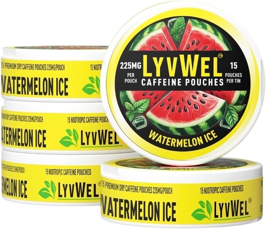 LyvWel 225mg 카페인 에너지 파우치 - 수박 아이스 5-팩 (75 파우치) - 재생 에너지 및 초점 - Guarana-Enhanced Clean Boost for Workouts & Grind