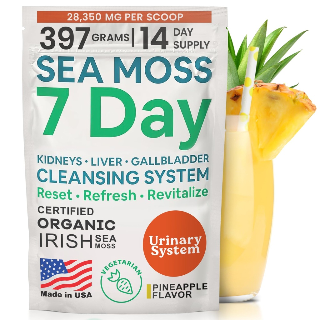 Atlantic Naturals Sea Moss 7 Day Detox Liver, Gallbladder & Kidney Cleanse - Dandelion Root, Milk Thistle, Burdock Root, Red Clover, Chanca Piedra와 함께 지원 - 파인애플 맛 음료 혼합 (14 oz)