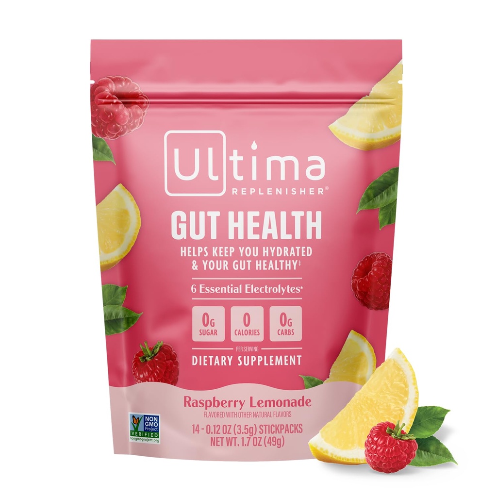Ultima Replenisher Gut Health Supplement 및 Electrolytes Powder - Raspberry Lemonade, 14 Stickpacks - 추가 된 Gut 건강 혜택이있는 Hydration Packets