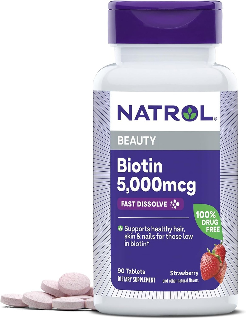 Natrol 아름다움 Biotin 5000mcg의 건강한 머리, 피부, 못 및 에너지 대사를 위한 규정식 보충교재, 90 Strawberry-Flavored 빠른 용해 정제, 90 일 공급