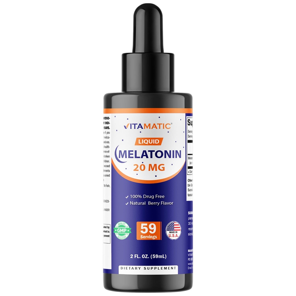 Vitamatic Melatonin 20mg 액체 드롭 - 2 유체 Ounce (59ml) - 성인을위한 천연 베리 맛 - 비 GMO - 채식 보충교재