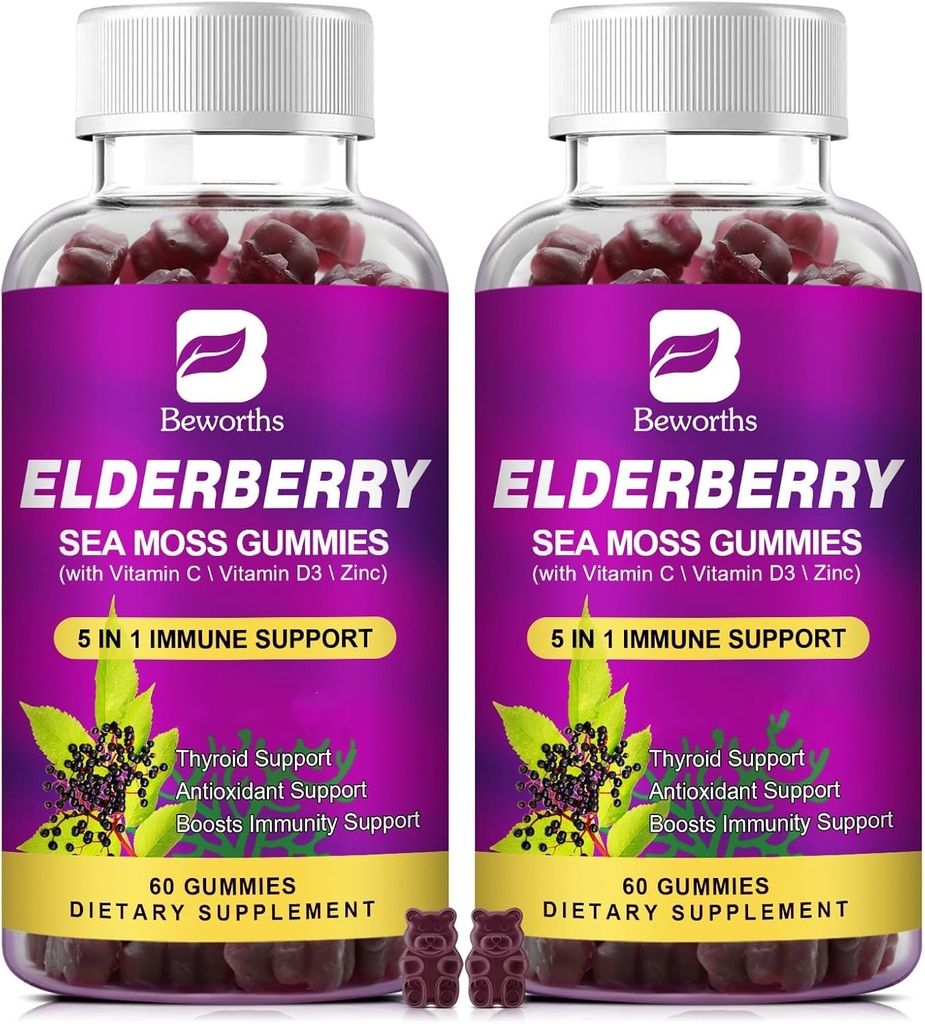 (2 팩 Elderberry Gummies & Irish Sea Moss, Seamos, 아연, 비타민 C, D3, Multivitamin Elderberry 비타민과 유기 Sambucus Elderberry 거미 - 설탕 - 무료
