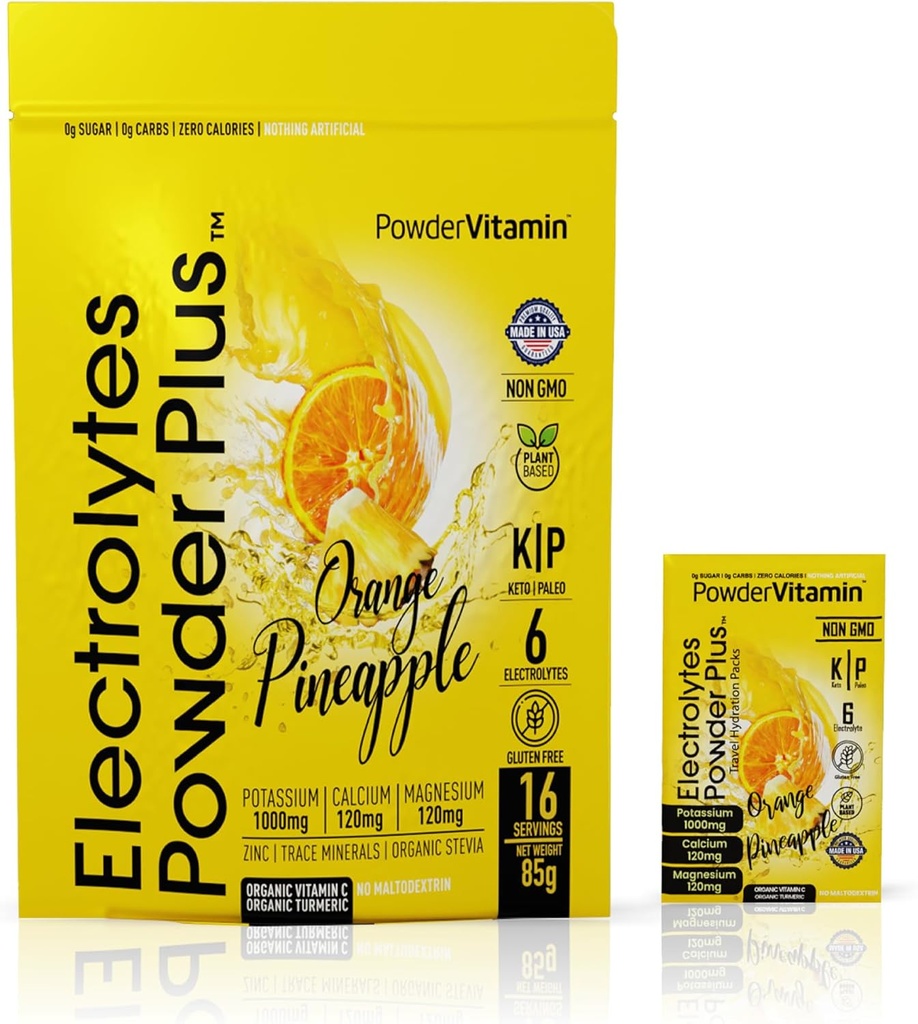 PowderVitamin Electrolytes Powder Plus, Keto, Orange Pineapple, Sugar Free, Pink Himalayan Salt, 1000mg 칼륨, 120mg 칼슘, 120mg 마그네슘, 비 GMO, Zero Calories, (16 Hydration Packets)