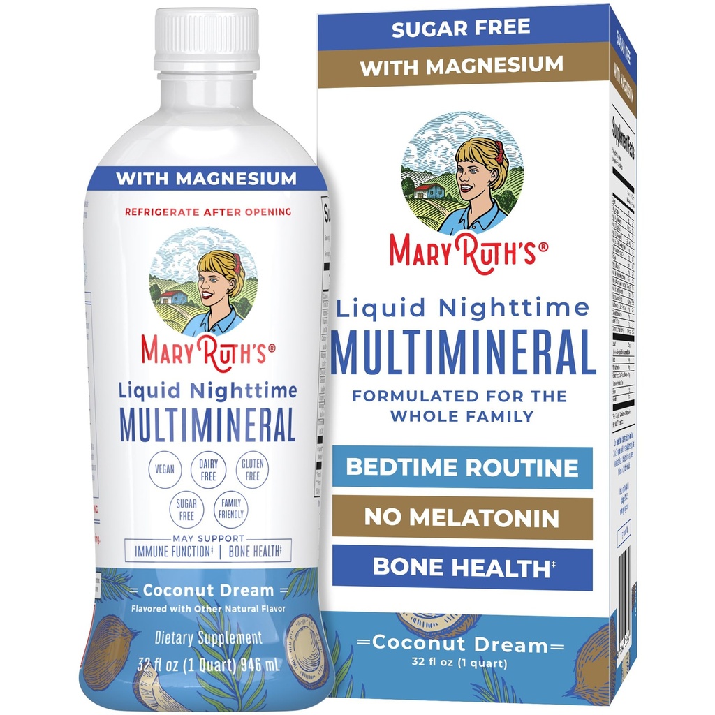 MaryRuth Organics Liquid Nighttime Multimineral | No Melatonin | Bedtime Routine | 마그네슘 시트레이트 | 칼슘 | 아연 | 비타민 D3| 4 가지 맛 제공 | 설탕 무료 | 글루텐 무료 | 32 Oz