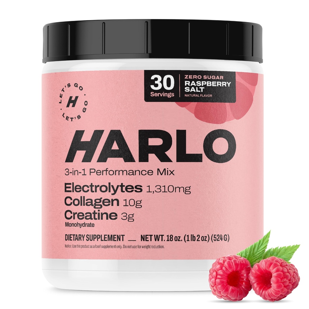 Harlo - Raspberry Salt Electrolyte 음료 혼합 Bovine Collagen & Creatine- Creatine Monohydrate Powder - 에너지 음료 분말 - Pre Workout Powder - Sugar Free Energy Drinks - 포스트 운동 회복