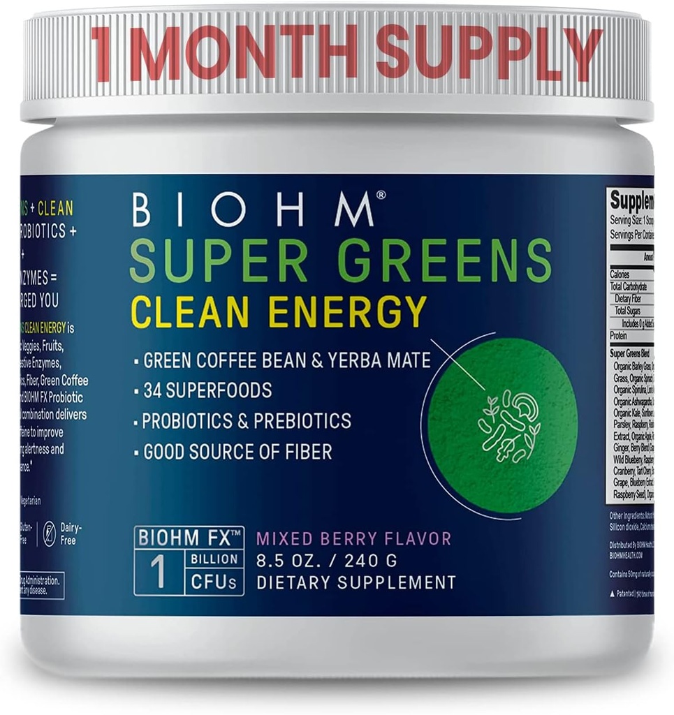 BIOHM Super Greens Clean Energy, Green Superfood Powder (8.5 Oz, 30 서빙) Gut Health & Cognition, 34 자연 과일, 야채 및 Prebiotics, Probiotics 및 효소와 허브 추출물 지원