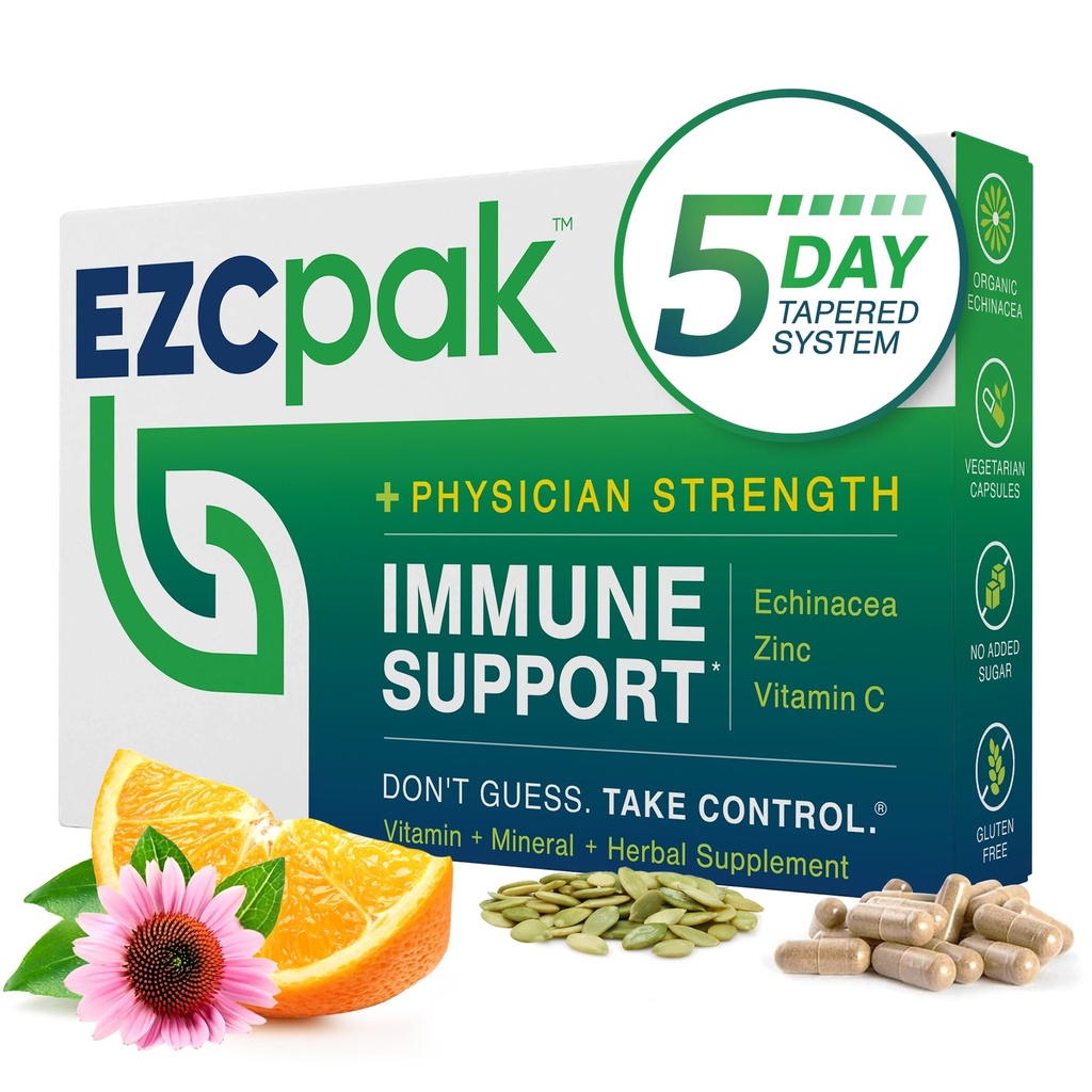 EZC Pak 5-Day 가늘게 한 면역 지원 부스터 - 비타민 면역 지원 보충교재, Echinacea, 아연 비타민 C, 면역 체계 지원을 위한 비타민, 성인을 위한 면역 부스터 - 면역 지원 비타민