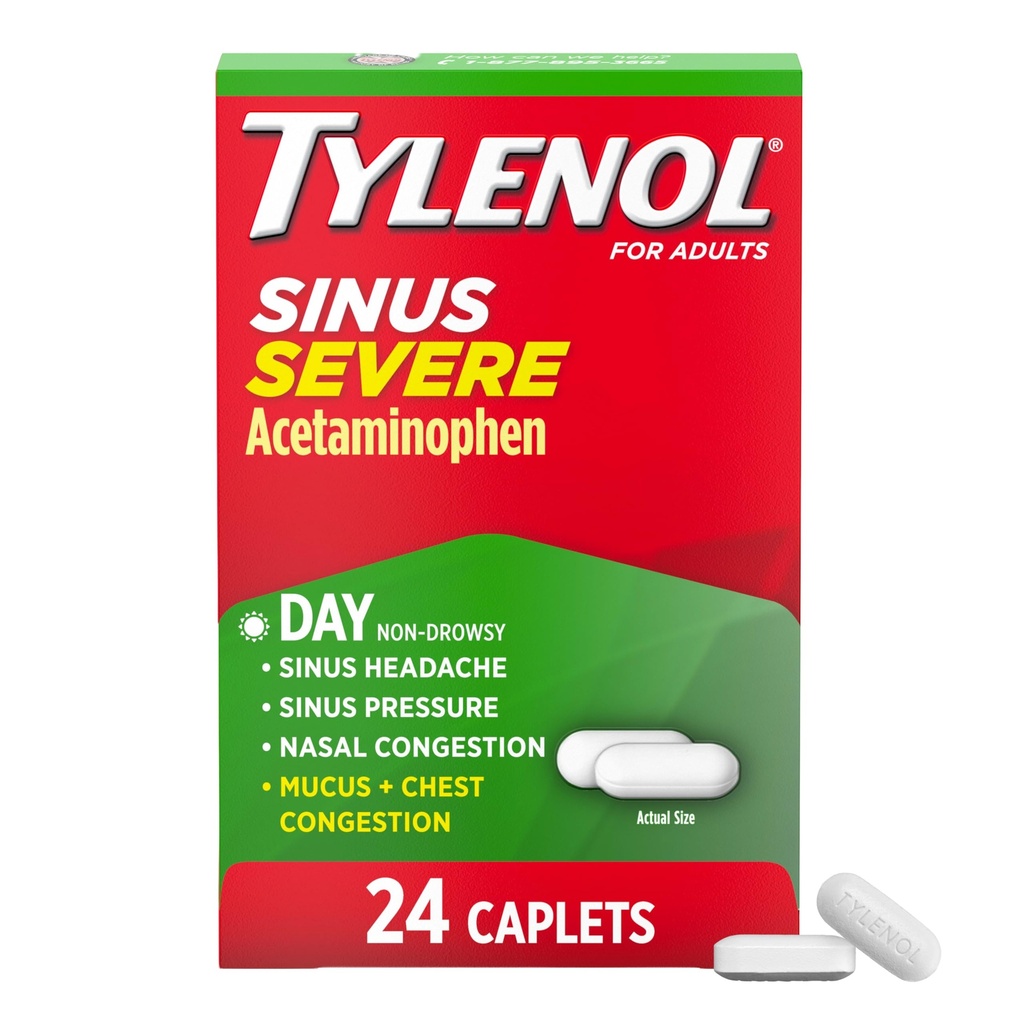 Tylenol Sinus Severe 주간 찬 & 유출 기복 약 모자, 비 Drowsy 고통 Reliever, Fever 흡진기 Expectorant & Decongestant, Acetaminophen, Guaifenesin & Phenylephrine HCl, 24 ct