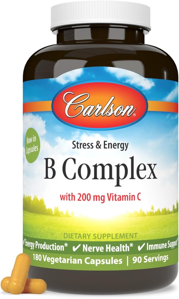 Carlson - B Complex 균형 B 비타민 B - 스트레스, 에너지 및 면역 비타민 B 복합체 여성 및 남성 - 180 채식 캡슐