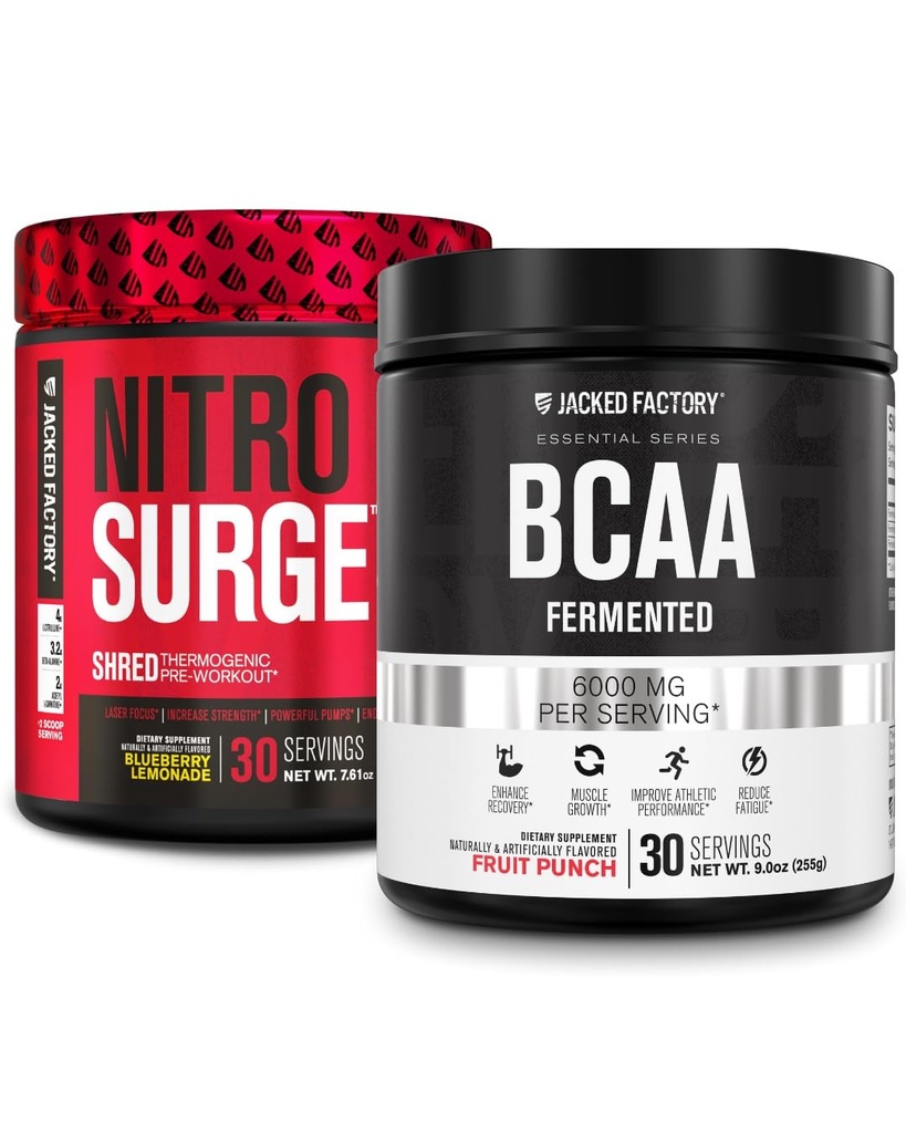 Jacked 공장 Nitrosurge는 몸 Recomposition, 근육 건물 및 회복을 위한 과일 펀치에 있는 Blueberry Lemonade & BCAA에 있는 Thermogenic 전 운동을 상처를 입습니다