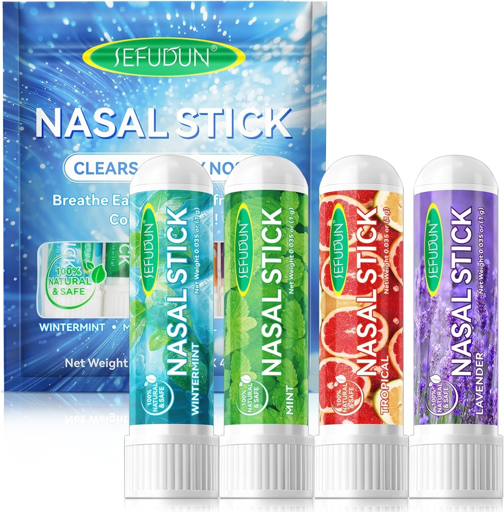 4PCS Nasal 지팡이, Nasal 흡입기 지팡이, Sinus Relief&Vertigo 기복을 위한 흡입기 Nasal 지팡이, Essential Oils+Menthol (Mint, Wintermint, Tropical, Lavender)로 만드는 Aromatherapy 흡입기