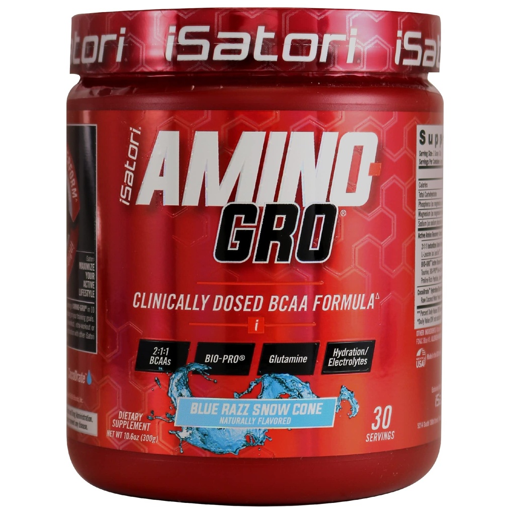 iSatori Amino-GRO BCAA 분말, 글루타민을 가진 분지된 사슬 아미노산, 근육 성장 & 포스트 운동 회복, 파란 Razz 눈 콘 (30의 서빙)를 위한 전해질 분말 & 생물 GRO 생물 활성 펩티드