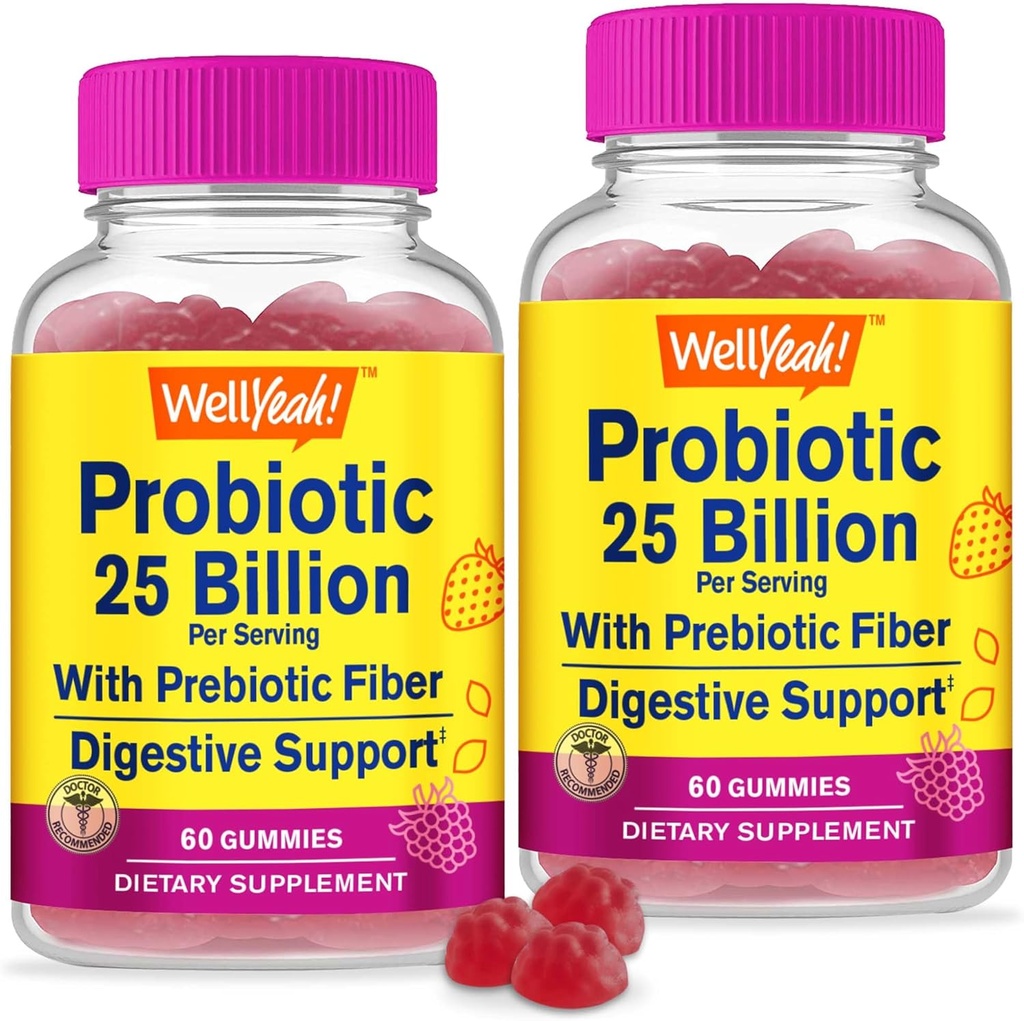 WellYeah (2 팩 25 억 Probiotics + Prebiotics for Men and Women Gummies - 소화 지원, Gut Health, Immune Support Gummy - 12 Strains - 60 Gummies와 소화 건강을 위한 Probiotics