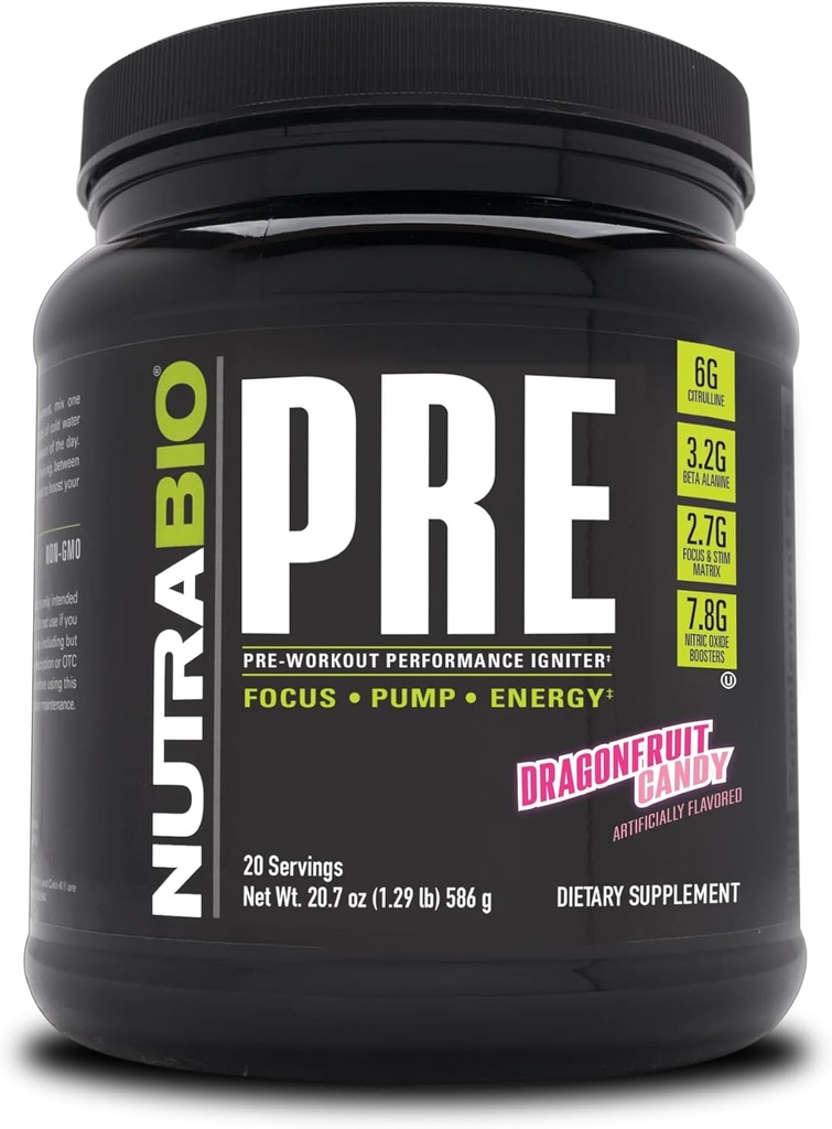 NutraBio PRE 운동 분말 - 오래된 공식 - 지속 에너지, 정신 초점, 내구력 - Beta Alanine, Creatine, Caffeine, Electrolytes - 20 서빙 - Dragonfruit Candy
