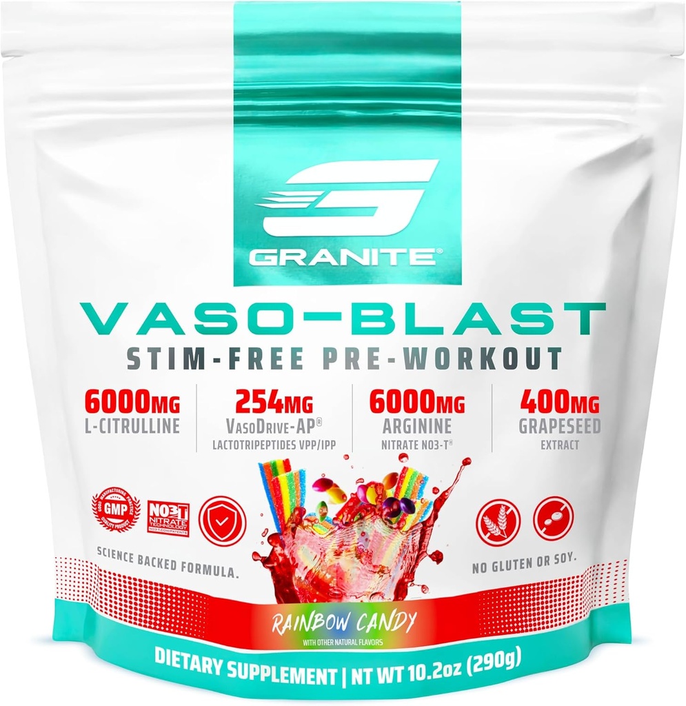 화강암은 Vaso 돌풍, 레인보우 캔디 맛, 남성 및 여성을위한 Stimulant-Free Pre 운동 포도 추출, 아르기닌 Nitrite, & VasoDrive-AP Max Pump (20 서빙)
