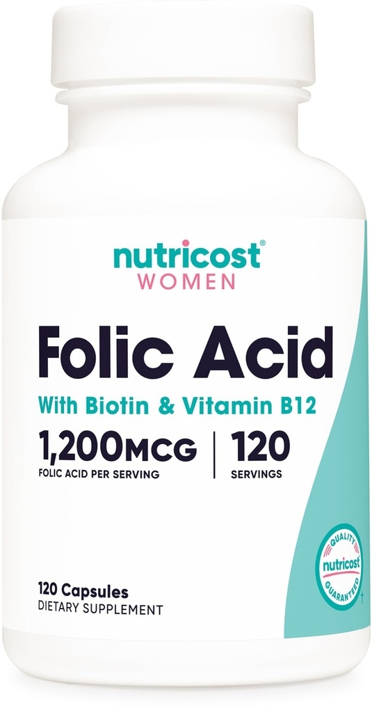 여성을위한 Nutricost Folic 산 (비타민 B9) 1200 mcg, B12 및 Biotin, Veggie Caps, Non-GMO 및 글루텐 무료