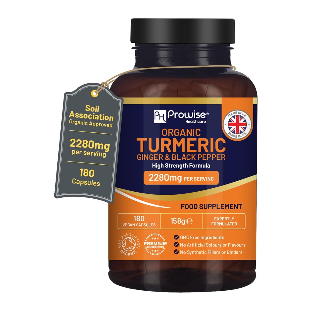 Black Pepper & Ginger가있는 Turmeric 2280mg (고 강도) - 180 Vegan Turmeric 캡슐 활성 성분 Curcumin I UK Prowise Healthcare