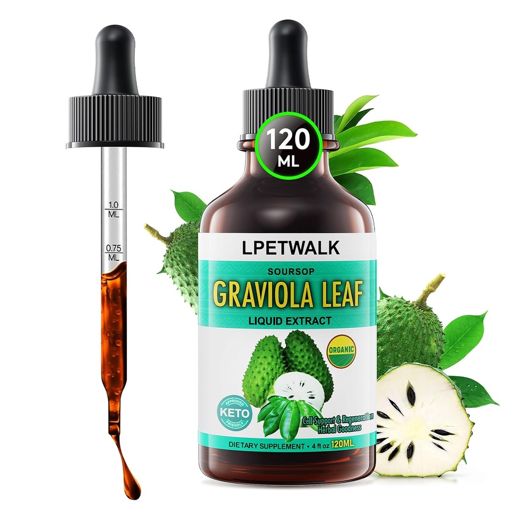 4 Fl Oz Soursop Graviola 잎 추출물 액체 하락 - Natrual Guanabana Leaves Drop - 유기 Soursop Bitters 액체 기름, 98% 흡수, 120ML 큰 수용량