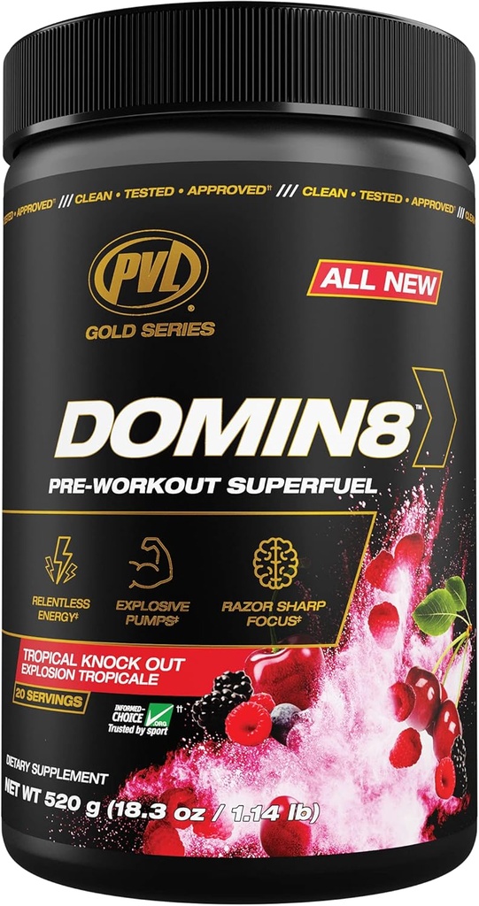 PVL 금 시리즈 Domin8 | 전 운동 Superfuel - 전용량 Preworkout - 520 g - 열대 노크 아웃