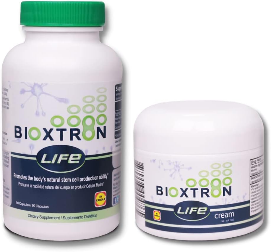 Bioxtron Life AFA Stem Cell Supplement - 관절 지원 및 근육 통증 - 면역 시스템 지원 - 에너지 레벨 지원 - 줄기 세포 생산 - 블루 그린 조류 Spirulina - 90 모자 + 크림 2 oz