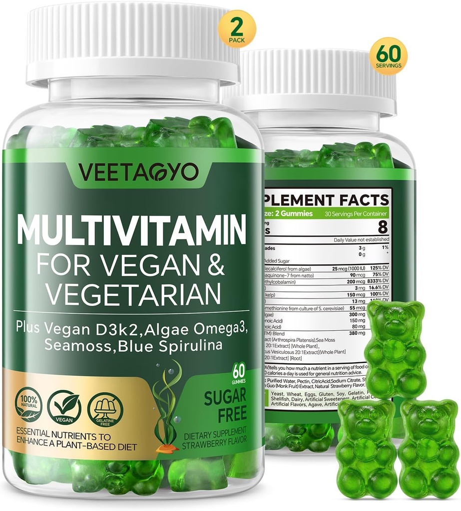 비타민 D3 + K2-1000IU D3 90mcg K2 - 채식주의자를 위한 Multivitamin & 성인 w/Algae Omega-3, Iron, 메틸 B12의 Seamos의 뼈, 근육, 에너지, 면역력 지원 설탕 자유로운, 글루텐 자유로운, 120 조사