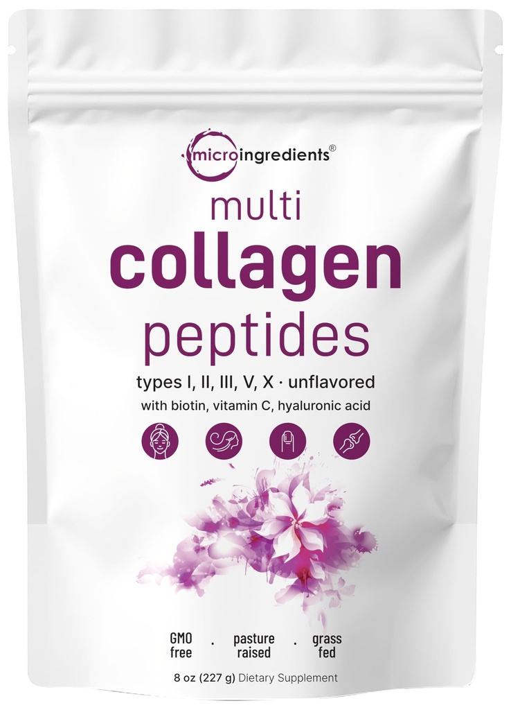 마이크로 성분 다 교원질 펩티드 분말, 8oz | 유형 I, II, III, V, X + Biotin, 비타민 C & Hyaluronic 산 | 불완전한 | 지원 머리, 피부 & 합동 건강 | Keto, Non-GMO