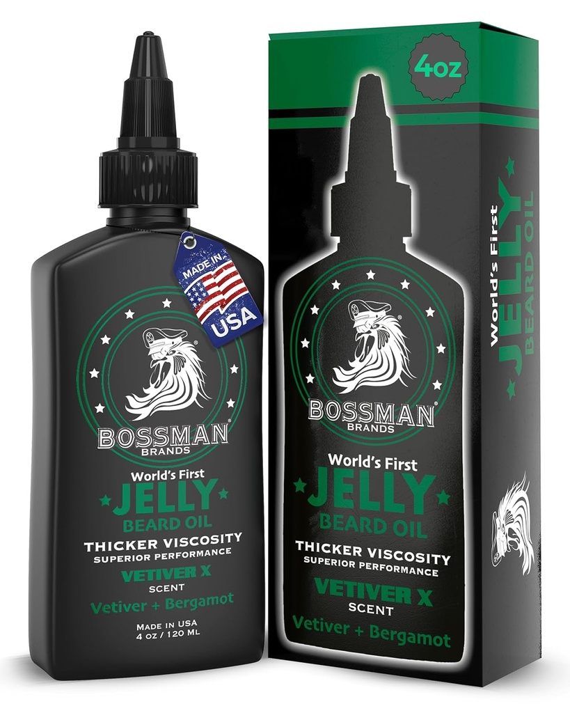 Bossman Jelly Beard Oil for Men (4 oz, Vetiver X Scent) - Softens, 천연 성분으로 습기를 공급 및 조건