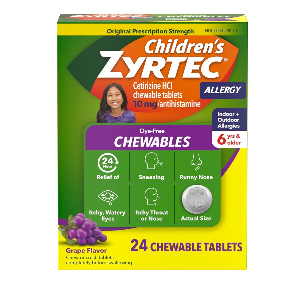 Zyrtec 아이들의 24 시간 알레르기 완화를 위한 염료 자유로운 Chewables, 10 mg Cetirizine 염산염 항히스타민 정제, 아이 알레르기 약 Relieves Sneezing & Itchy Throat, 포도, 24 ct