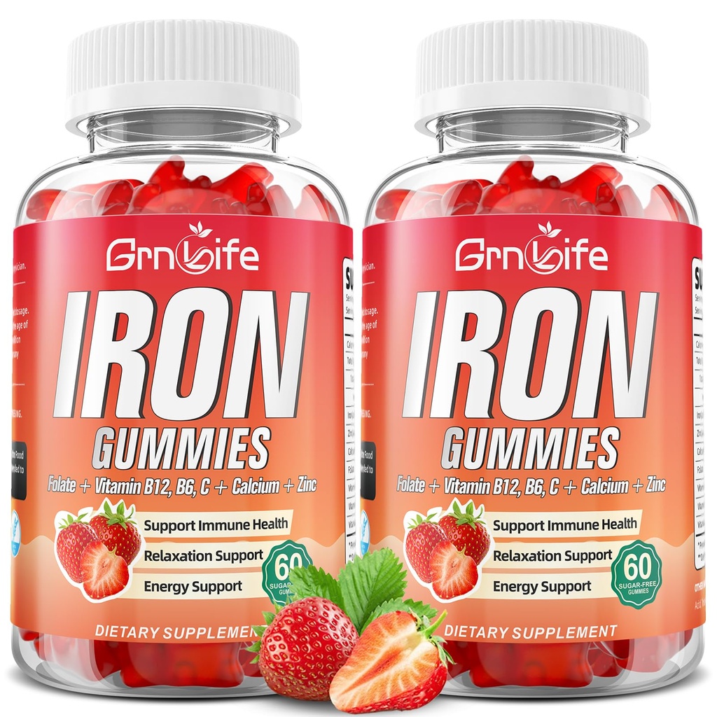여자, 남자 & 아이를 위한 철 Gummies, 칼슘을 가진 설탕 자유로운 철 보충교재, 아연, Folate & 비타민 B12, C, B6 - 혈액 건물 & 에너지 지원, 빈혈, 딸기, 120 조사