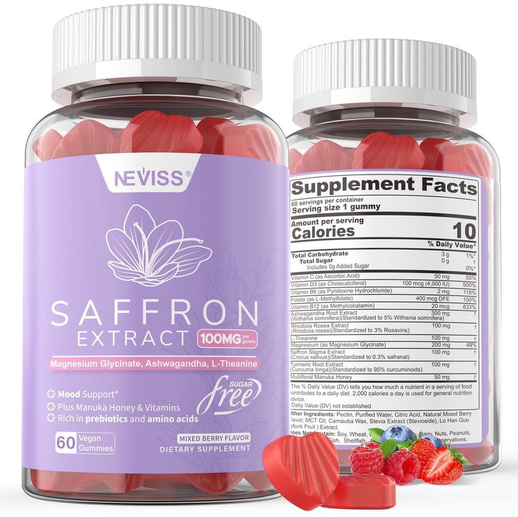Saffron 보충 교재 Gummies 100mg - 마그네슘 글리세라이드, L-Theanine, Turmeric, Ashwagandha, Mood & 힘, 산화 방지제, Vitality - 120 조사를 위한 100% 순수한 호박색 추출물