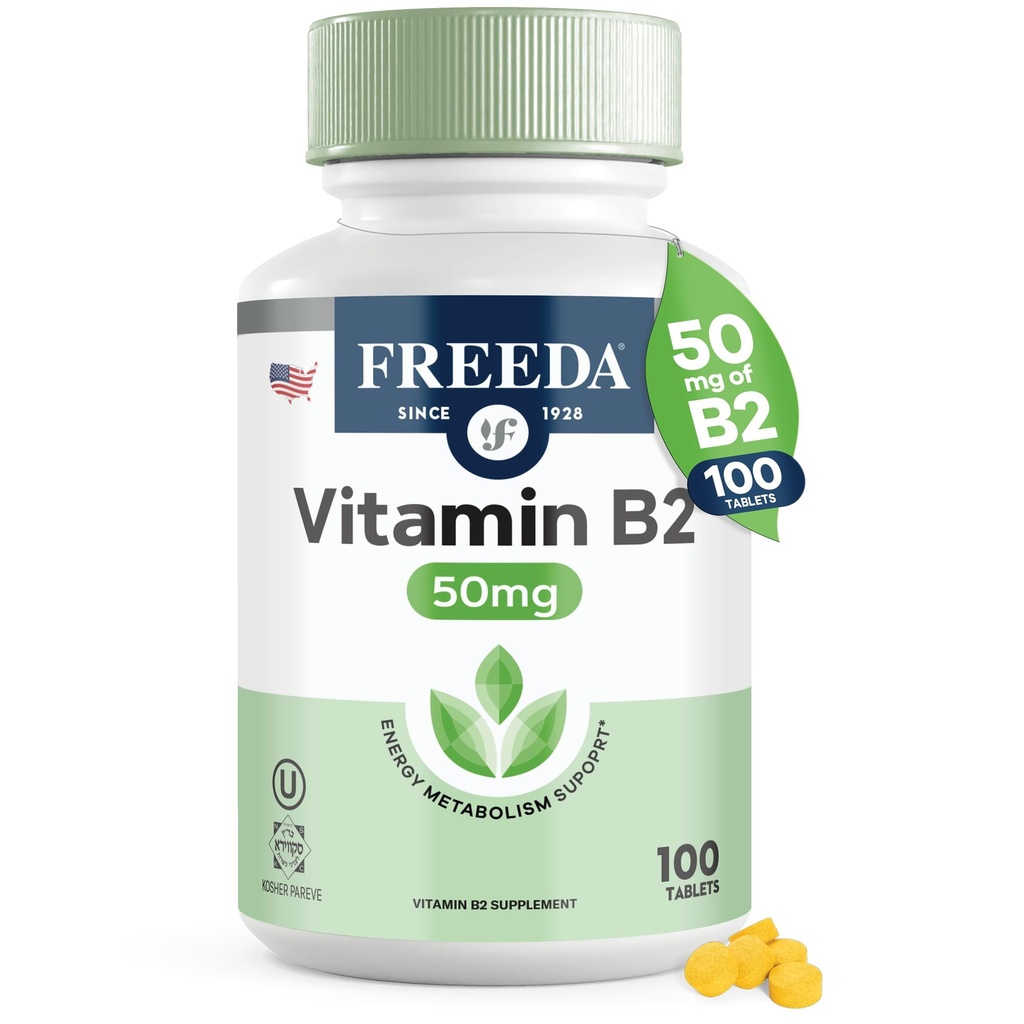프리다 비타민 B2 리보플라빈 50mg - 에너지 및 신경 시스템 지원 - 코셔, 비건, Gluten-Free B2 보충 뇌 및 대사 - (100 Ct)
