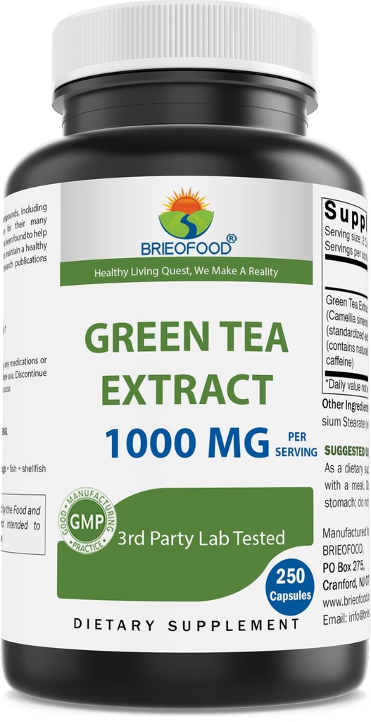 Brieofood 녹차 추출물 1000 mg (분 50% 폴리페놀) - 250 캡슐 - 순수성 & 질을 위해 시험되는 제 3 당 실험실