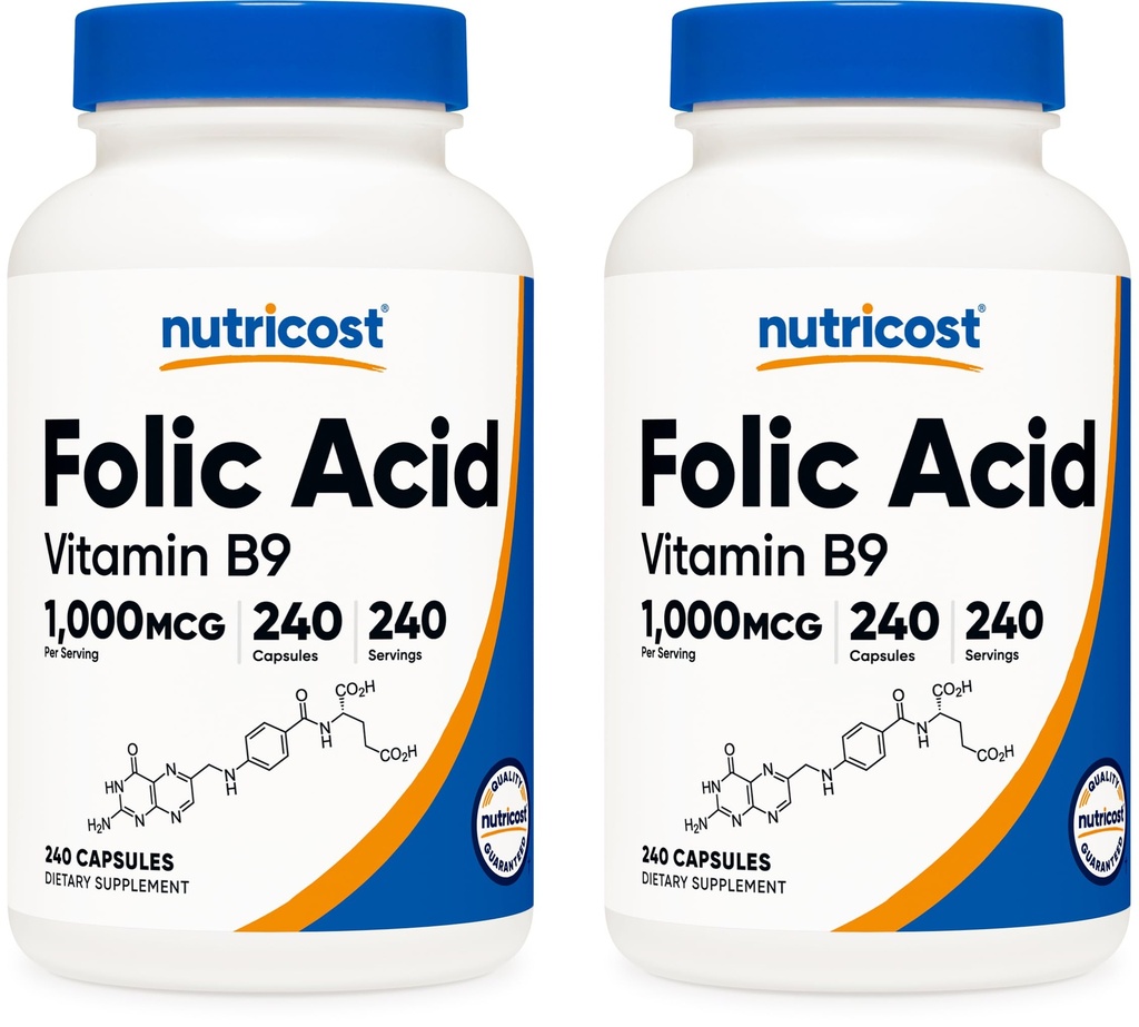 Nutricost Folic 산 (비타민 B9) 1000 mcg, 240 캡슐 (2 병)