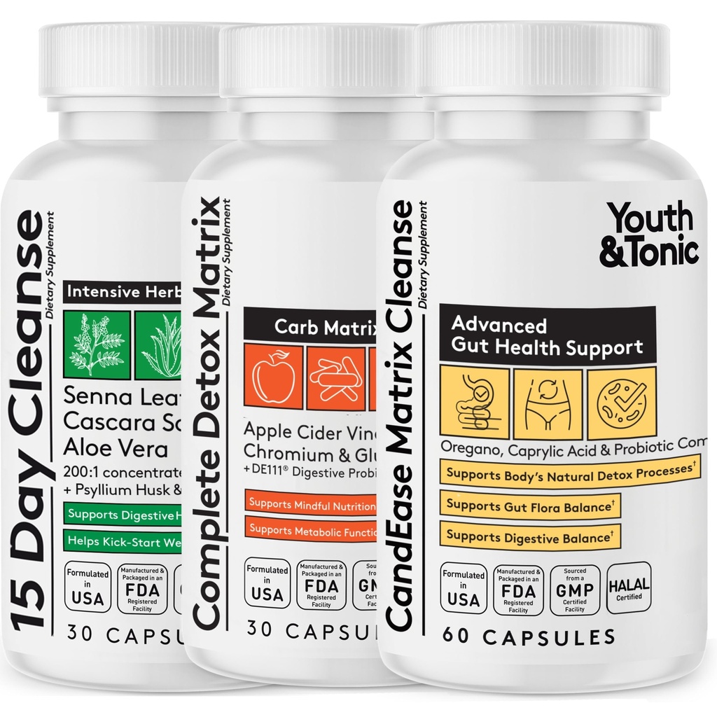 CandEase Matrix Pills & Colon Cleanser & Complete Detox Matrix Fast Kit Bundle 3pk | Caprylic Acid Oregano Protease & Cellulase Enzymes Laxatives ACV Chromium & 100 Bil CFU/g 소화 프로바이오틱스