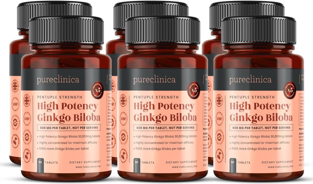 Pureclinica 높은 효능 Ginkgo Biloba 30,000mg x 540 정제 (6 병 90) - 18 개월 공급 - 5 시간 경쟁 제품의 강도