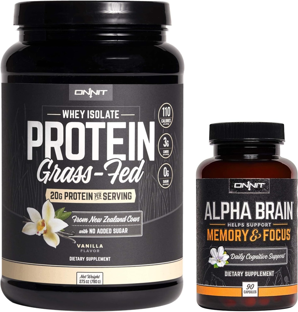 ONNIT Nootropic + 스포츠 영양 스택 - 알파 뇌 (90ct) + 잔디 Fed Whey Protein (Vanilla)