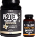 ONNIT Nootropic + 스포츠 영양 스택 - 알파 뇌 (90ct) + 잔디 Fed Whey Protein (Vanilla)