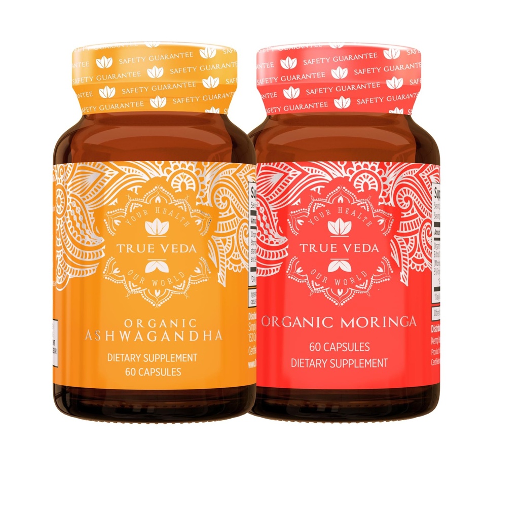 True Veda Energy Bundle USDA Organic | 멀티-어워드-Winning | Ashwagandha KSM-66® | 모링가 캡슐