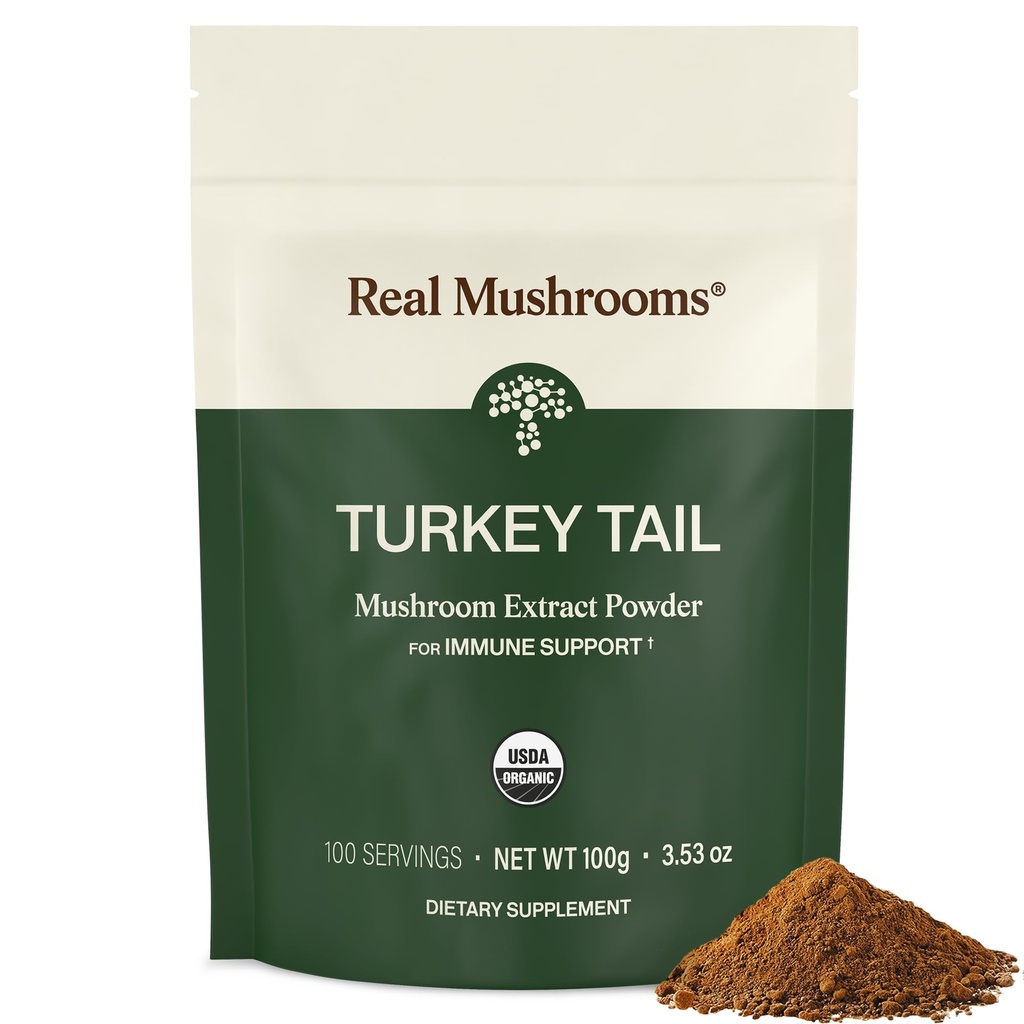 Real Mushrooms 터키 꼬리 버섯 분말 – 웰빙, Gut Harmony, & Energy Support – Vegan, Non-GMO, No Fillers – 100 서빙 기능 버섯 보충