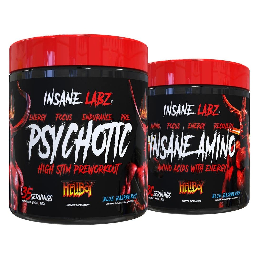 Insane Labz Hellboy 번들, Psychotic Hellboy Pre 운동 및 Insane Amino BCAA, 근육 질량, 힘, 초점 및 회복 시간, 블루 라즈베리