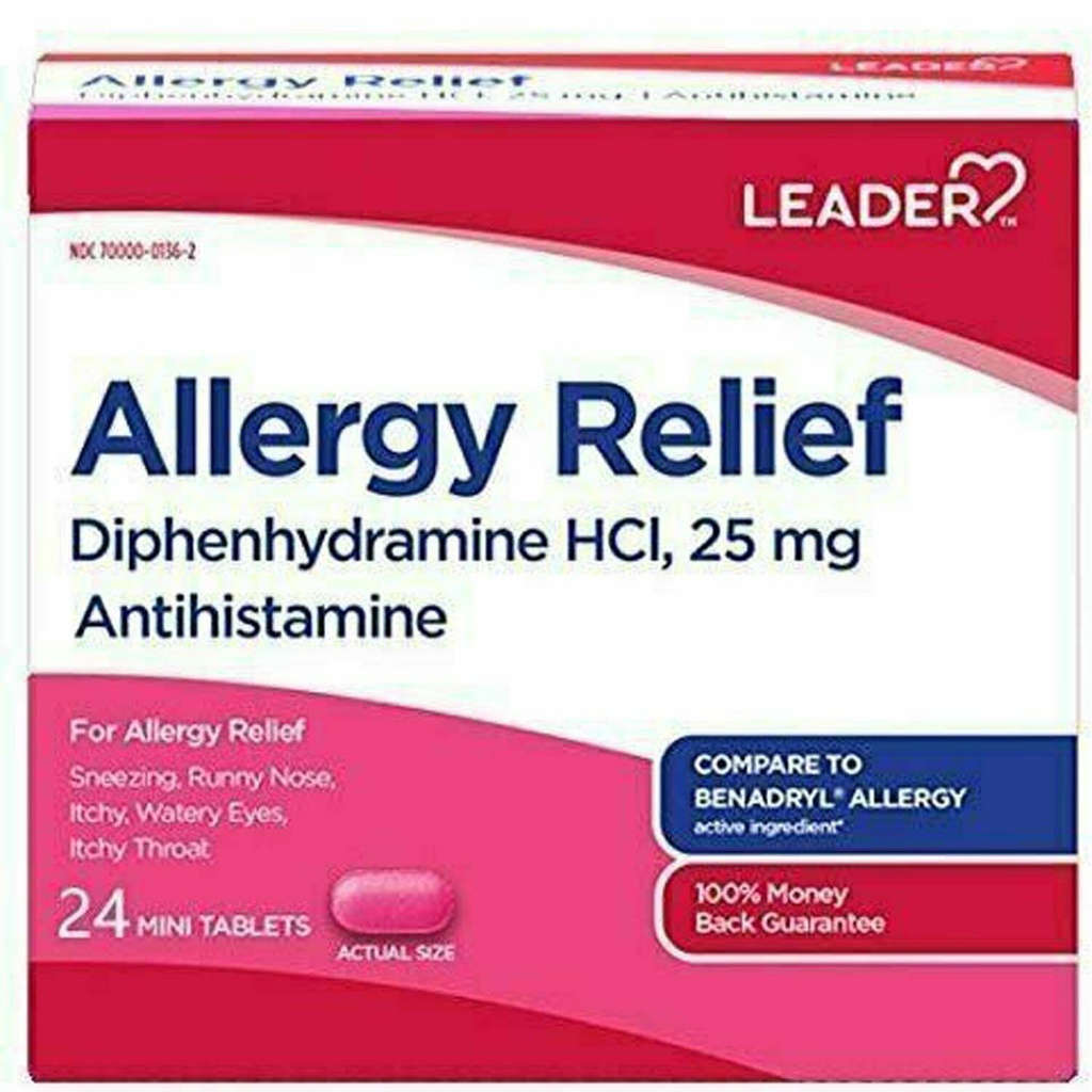 지도자 Antihistamine 알레르기 기복 Diphenhydramine HCl, 25mg 소형 정제, 24 조사