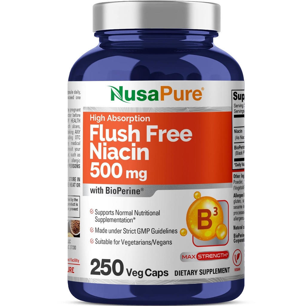 NusaPure 홍조 자유로운 Niacin 500mg 250 모자 (비건, 비 GMO & Vegan) Bioperine