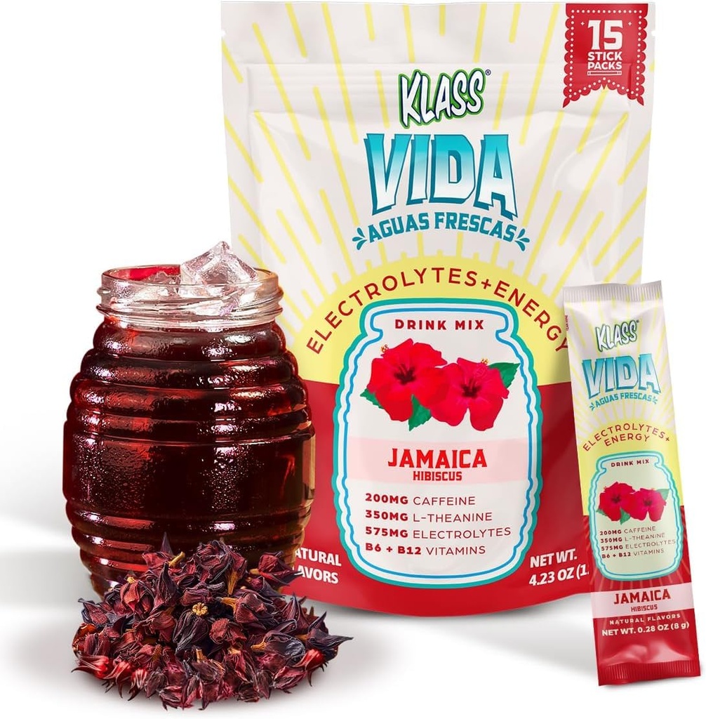 Hydration + Energy Electrolyte 음료 믹스 – Hibiscus Agua Fresca 맛 | 카페인, L-Theanine, 코코넛 워터 및 미네랄이 함유 된 설탕 무료 분말 | 15 Single-Serve Stick Packs, Low Calorie