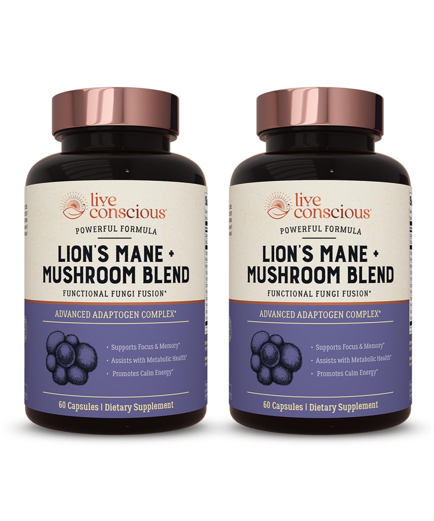 뇌 지원 w/Lion's Mane, Cordyceps, Reishi 및 터키 꼬리 버섯을위한 라이브 의식 사자 Mane 버섯 보충 캡슐 - 두뇌 (2-Pack)에 대한인지 기억 보충