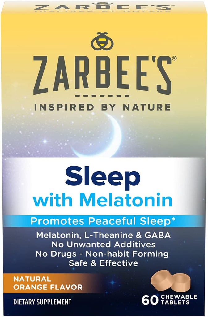 Zarbee's Melatonin 5mg, L-Theanine + GABA 수면 보충은 평화로운 수면, 자연적인 오렌지 풍미, 성인 연령 12를 위한 Chewable 정제, 60 조사를 승진시키기 위하여